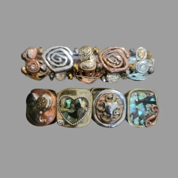 Vintage bracelets 2 copper tone metal abalone stretchy art noveau - Picture 2 of 14